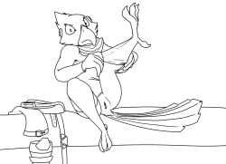 andromorph animal_genitalia anthro avian beak bed belt bird bird_legs boots bottomless caught cloaca clothed clothing cuntboy dressing falco_lombardi feathers footwear furniture genitals hi_res intersex jacket looking_at_viewer nintendo on_bed raised_leg reflector sillydraco sitting sitting_on_bed socks solo star_fox tail_feathers topwear