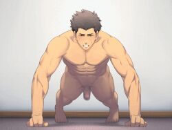 1boy animated bara blush brown_hair exercise exercising exercising_nude hesoten male_only management_(game) mosaic_censoring muscles push-up shunta tachibana_(management) tagme teeth_clenched