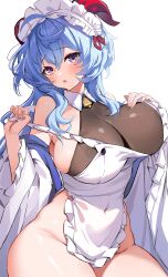 1girls blue_hair blush bodystocking breasts cleavage embarrassed female ganyu_(genshin_impact) genshin_impact horns large_breasts light-skinned_female light_skin long_hair maid maid_headdress maid_outfit purple_eyes revealing_clothes thick_thighs thighs tunoko98 white_background wide_hips