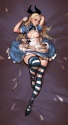 1girls alice_in_wonderland alice_liddell blonde_hair blue_dress blue_eyes breasts_out bunny_ears cum cum_on_body cum_on_breasts female gloves headband highres hourglass_figure laying_down looking_at_viewer medium_breasts solo solo_female stockings tagme tarakanovich white_stockings wide_hips