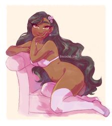 biscocho black_hair bra_only brown_skin encanto flower_in_hair isabela_madrigal latina lingerie lounging nail_polish no_panties pink posing smiling_at_viewer tagme thick_thighs thighhighs