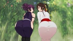 2023 2d 2girls alternate_version_available ass ass_focus back_view bending_over big_ass big_butt brown_eyes brown_hair butt_focus clothed_female confident confident_smile embarrassed female female_only female_protagonist forest fully_clothed hip_focus hips human human_female human_only japanese_clothes japanese_clothing jigokuraku kara_comms kunoichi light-skinned_female light_skin long_hair looking_at_viewer looking_back mooning nervous ninja no_sex not_ai_generated outdoors outside paag ponytail presenting presenting_hindquarters purple_eyes purple_hair realistic_proportions samurai scar scar_on_face shinobi short_hair shy smile smiling_at_viewer standing take_your_pick teenage_girl teenager tree trees yamada_asaemon_sagiri young_woman yuzuriha_(jigokuraku)