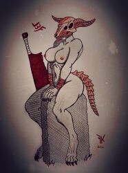 1girls dark_souls demon freddyker gravestone monster nipples nude sword tail traditional_media_(artwork)