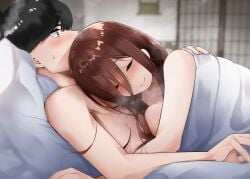 1boy 1girls black_hair blush brown_eyes brown_hair go-toubun_no_hanayome mame1645 nakano_miku nude sleeping uesugi_fuutarou under_covers wholesome