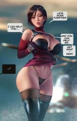 ada_wong aroused aroused_female big_breasts biohazard black_g-string black_panties black_thong_panties black_underwear capcom g-string horny horny_female hourglass_figure imminent_sex lace-trimmed_panties lace_bra leon_scott_kennedy panties resident_evil resident_evil_4 resident_evil_4_remake sakimichan sweater sweater_dress text_bubble thick_thighs thigh_boots thighhigh_boots thong thong_panties underwear