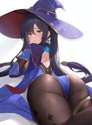 1girls ass black_hair blush dat_ass female futon_fly_away genshin_impact hat highleg_leotard huge_ass large_hat leotard light-skinned_female light_skin long_hair mona_(genshin_impact) naughty_face thick_thighs thighs tights twintails witch_hat