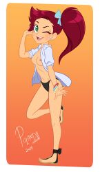 1girls auriana bikini breasts dress_shirt female green_eyes lolirock poland_(artist) red_hair side_ponytail solo topless winking_at_viewer