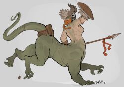 1girls anthro arbuzbudesh braid dragon_girl dragon_taur helmet horns monster_girl nude scales shield sideboob solo taur