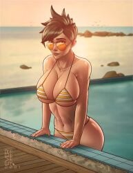 big_breasts bikini black_hair bursting_breasts cleavage everhobbes female female_focus female_only huge_breasts massive_breasts overwatch overwatch_2 smile solo solo_female tracer wide_hips yellow_bikini