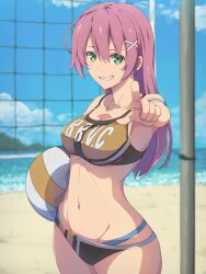 1girls 2023 bangs beach belly belly_button chiharu_(9654784) clouds collarbone eiyuu_densetsu green_eyes grin juna_crawford long_hair looking_at_viewer outdoors pink_hair pointing pointing_at_viewer sand sen_no_kiseki sky solo solo_focus trails_of_cold_steel volleyball