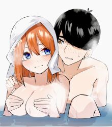 1boy 1girls bathing bathroom black_hair blue_eyes blush breasts brown_eyes couple go-toubun_no_hanayome mame1645 nakano_yotsuba orange_hair towel uesugi_fuutarou wholesome