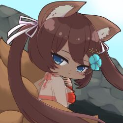 blue_eyes brown_hair caleen_keemosn chibi commission eyebrows_visible_through_hair flower_in_hair fox_ear fox_girl fox_tail hair_ribbon kemonomimi kitsunemimi knkmt_factory looking_at_viewer multiple_tails red_bikini runes safe_for_work star_ocean star_ocean_anamnesis summer tan_skin translucent_clothing twintails very_long_hair wholesome