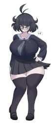 absolute_territory angry annoyed annoyed_expression attribute_theft black_serafuku curvy dark_hair emmarrgus glasses hand_on_hip huge_breasts keiko_(emmarrgus) leggings measurements mole_under_eye original_character serafuku shortstack size_difference size_theft skirt