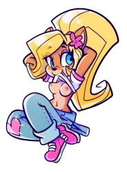 1girls activision anthro areolae armpits blonde_hair blue_eyes breasts clothes_lift clothing coco_bandicoot crash_(series) female female_only flower_in_hair fur hi_res long_hair looking_back midriff mouth_hold navel nipples ponytail shirt sitting solo topwear weakplacenta