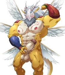 abs absurd_res anthro anthrofied balls bandai_namco biceps blush clothing digimon digimon_(species) feathered_wings feathers fingerless_gloves genitals gloves goddramon handwear hi_res horn maldu male male_only muscular muscular_male nude pecs penis quads simple_background solo white_background wings yellow_body