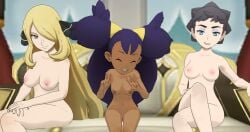 3d 3d_(artwork) 3girls black_hair blonde_hair cynthia_(pokemon) dark-skinned_female dark_skin diantha_(pokemon) female female_only iris_(pokemon) legs_crossed looking_at_viewer multiple_girls peace_sign pokemon pokemon_bw pokemon_dppt pokemon_xy pose purple_hair saucemon7 smirking_at_viewer v_sign