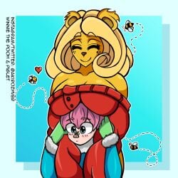 1boy 1girls akirozhvbr anthro bear_girl breasts furry mtf_crossgender mtf_transformation pooh_bear straight_hair winnie_the_pooh_(franchise)