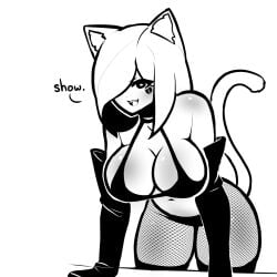 big_breasts breasts cat_ears cat_girl cat_tail catgirl fangs female female_only fishnet_stockings fishnets hair_over_one_eye panties smile tagme tekona thick_thighs thighs