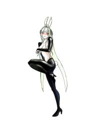 1girls 2855_eflo belly_button blush covering_breasts embarrassed fake_animal_ears fake_rabbit_ears female female_only green_eyes green_hair indie_virtual_youtuber light-skinned_female light_skin nose_blush reverse_bunnysuit seldea simple_background solo virtual_youtuber white_background