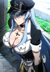 1girls ai_generated akame_ga_kill! alluring beach big_breasts bikini black_hair breasts cleavage esdeath_(akame_ga_kill!) female female_only joker_(artist) solo