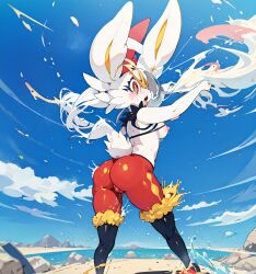 ai_generated anthro breasts cinderace female_cinderace furry game_freak generation_8_pokemon medium_breasts pixai pokémon_(species) pokemon red_eyes short_tail tagme water_splash