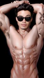 31fr0sty abs actor ai_generated armpits arms_behind_head biceps bulging_biceps caucasian caucasian_male celebrity gavin_leatherwood male male_only muscles muscular muscular_male pecs real_person smooth_chest smooth_skin sunglasses tattoos