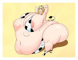 1girls areola_slip areolae bbw belly big_belly big_breasts blonde_hair breasts cgkey1 cow_print fat female huge_belly huge_breasts obese overweight same_size_vore ssbbw thunder_thighs vore