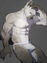 2023 5_fingers abs anthro areola arknights clothed clothing erection erection_under_clothing fingers fur grey_background grey_body grey_fur hi_res hyena hypergryph jockstrap jockstrap_only looking_at_viewer male mammal muscular muscular_anthro muscular_male pluto08010511 pu94_d1de4c simple_background solo spot_(arknights) spots spotted_body spotted_fur spotted_hyena studio_montagne topless underwear underwear_only