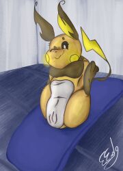 1girls cursed eendoromero female female_only krita no_humans ohno pokemon pokemon_(species) pose raichu solo vaginal_penetration yoga