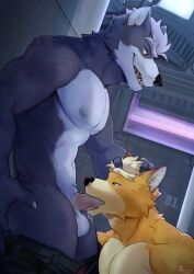 2023 9klipse anthro areola balls bottomwear bottomwear_down canid canine canis clothed clothing duo fox fox_mccloud fur gay gay_blowjob genitals grey_body grey_fur hi_res humanoid_genitalia humanoid_penis looking_at_another looking_at_partner male male/male male_penetrated male_penetrating male_penetrating_male mammal muscular muscular_anthro muscular_male nintendo oral oral_sex pants pants_down partially_clothed penetration penis penis_in_mouth sex star_fox wolf wolf_o'donnell yellow_body yellow_fur