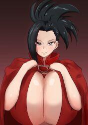 big_breasts black_hair blush blushing breast_squish breasts breasts_bigger_than_head hero_outfit_(mha) huge_breasts momo_yaoyorozu mujina627 my_hero_academia ponytail smile touching_breast