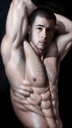 31fr0sty abs actor ai_generated armpits arms_behind_head biceps bulging_biceps caucasian caucasian_male celebrity hairy_chest looking_at_viewer male male_only muscles muscular muscular_male musician nick_jonas pecs real_person