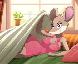 1girls 2023 anthro areola bed breasts clothed clothing female fur genitals geronimo_stilton_(series) grey_body grey_fur hi_res laying_on_bed lonbluewolf looking_at_viewer mammal mouse multicolored_body multicolored_fur murid murine nipples pussy rodent solo thea_stilton translucent translucent_clothing translucent_nightgown white_body white_fur