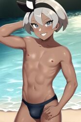 1boy ai_generated bea_(pokemon) belly_button bulge bulge_through_clothing dark_skin femboy genderswap_(ftm) headband muscular nipples novelai pokemon rule_63 smiling swim_briefs swimsuit topless