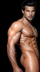 31fr0sty abs actor ai_generated biceps bulging_biceps caucasian caucasian_male celebrity looking_at_viewer male male_only muscles muscular muscular_male pecs real_person smooth_chest smooth_skin tan_skin taylor_lautner