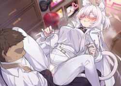 1boy akira_(blue_archive) animal_ears assertive_female blue_archive blush breasts bulge cat_tail crotch_cutout erection erection_under_clothes eye_mask female halo heart highres large_breasts no_eyes pants seven_prisoners_(blue_archive) shennai_misha smile straight tail teacher thong undressing white_hair white_mask white_pants