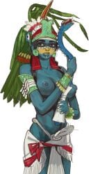 1girls blue_skin breasts mexican mossa mythology solo topless white_background