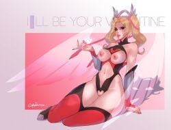 1girls blonde_hair functionally_nude greenu heart_cutout medium_breasts mercy overwatch pink_mercy pinup pose pussy sitting