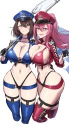 2girls azur_lane baltimore_(azur_lane) bikini breasts bremerton_(azur_lane) brown_hair female female_focus flag green_eyes hat hi_res hips holding_object huge_breasts light-skinned_female light_skin long_hair naughty_face pink_eyes pink_hair race_queen shiroshisu short_hair slim_waist smile thick_thighs thighhighs thighs wide_hips wine_glass