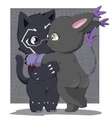 absurd_res anonymous_artist anthro anthrofied ass bandai_namco black_panther_(marvel) blackgatomon blacktailmon digimon digimon_(species) domestic_cat duo embrace felid feline felis female flaccid genitals hi_res hug male mammal marvel nude pantherine penis pussy smile standing t'challa