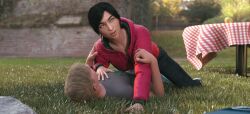 3dx black_hair boyfriend-girlfriend cgi cowgirl_position cute eyes_open grass green_eyes laying_on_ground original_characters outdoors park playful romantic_couple sakirah sakirah_rodaun sfw smiling