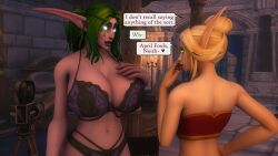 2girls 3d blizzard_entertainment blonde_hair blood_elf dialogue green_eyes green_hair huge_breasts kaela_sundawn kaelatheelf light-skinned_female light_skin neith_starweaver night_elf original_character pink_skin thick_thighs warcraft world_of_warcraft