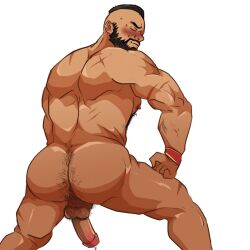 1boy ass balls bara bigbaraboi butt_crack eyes_closed from_behind hairy_ass male_only muscular_male penis precum solo solo_male street_fighter zangief