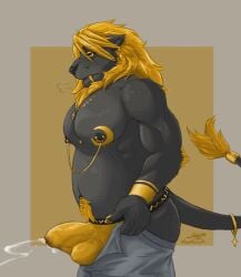 anthro big_bulge big_pecs black_body black_fur blonde_hair bodily_fluids bottomwear bulge clothing cum cum_in_clothing cum_in_underwear cum_through_clothing cum_through_jockstrap cum_through_underwear ear_piercing ejaculation erection eyeliner fangs felid fur genital_fluids gold_(metal) hair hands-free hi_res jewelry jockstrap lion makeup male male_only mammal mane musclegut muscular nipple_piercing nipples orgasm orgasm_face pantherine pants pecs piercing sabertooth_(anatomy) solo spontaneous_ejaculation tattoo teeth underwear wet wet_clothing wet_underwear yanni yannirosegold yellow_eyes