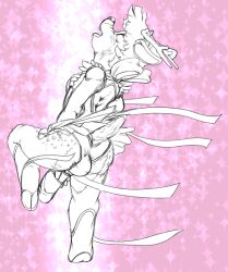 anthro ass balls cervine clothed clothing deer erection genitals hair hooves kitsune_youkai magical_girl_outfit male mammal penis pink_background rear_view ribbons sika_deer simple_background solo sparkles tail