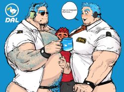 among_us animal_crossing bara big_pecs blue_hair blush facial_hair gijinka male male_only muscles muscular open_shirt orville_(animal_crossing) overweight pantsless pubic_hair sandwiched shirt size_difference smiling speech_bubble sunglasses tora_gy wilbur_(animal_crossing)