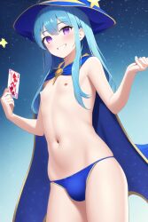 1boy ai_generated belly_button bulge bulge_through_clothing cape cyan_hair equestria_girls femboy genderswap_(ftm) my_little_pony nipples novelai purple_eyes rule_63 smile topless trixie_(mlp) trixie_lulamoon wizard_hat