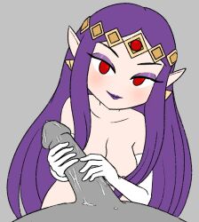 1girls a_link_between_worlds chibi cum earrings elf_ears eyeshadow female gloves hair handjob lipstick long_hair ludovua nintendo pointy_ears pov princess_hilda purple red_eyes the_legend_of_zelda white_gloves