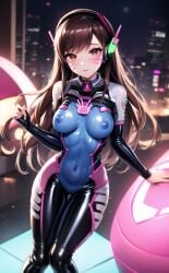 ai_generated belly_button_visible_through_clothing bodysuit breasts_visible_through_clothing cityscape d.va face_paint nipples_visible_through_clothing overwatch tagme tentacle_ai