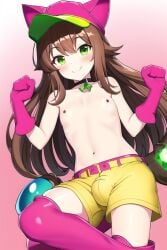 1boy ai_generated belly_button boots brown_hair bulge bulge_through_clothing catgirl femboy genderswap_(ftm) gloves green_eyes nipples novelai rule_63 seira_(sonic) shorts smile sonic_(series) sonic_the_hedgehog_(ova) tail topless